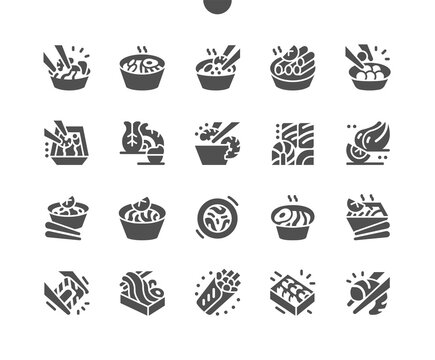Asian food. Thai noodles and rice noodles. Delicious boiled shrimps, vegetables. Traditional seafood paella. Menu for restaurant and cafe. Vector Solid Icons. Simple Pictogram