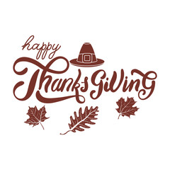 happy thanksgiving day celebration lettering with pilgrim hat and leafs