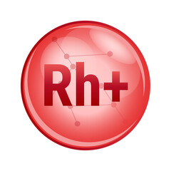 Vector red icon of Rh+ from the blood group system, which determines blood type. Rhesus or Rh factor. Rh-positive where the blood contains D antigens. Rh+ icon is isolated on a white background.