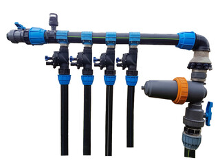 pipes and couplings of an irrigation water isolate on white background