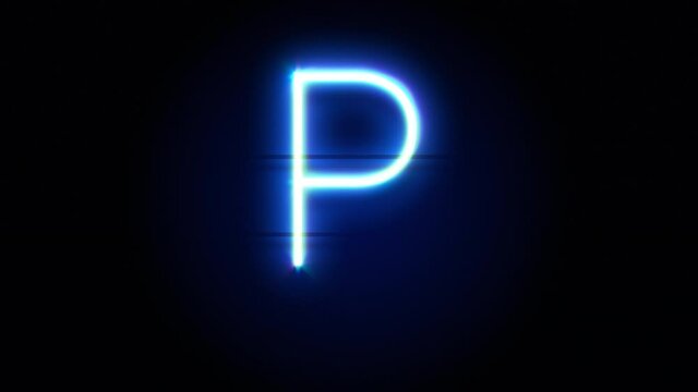 Neon font letter P uppercase appear in center and disappear after some time. Animated blue neon alphabet symbol on black background. Looped animation.