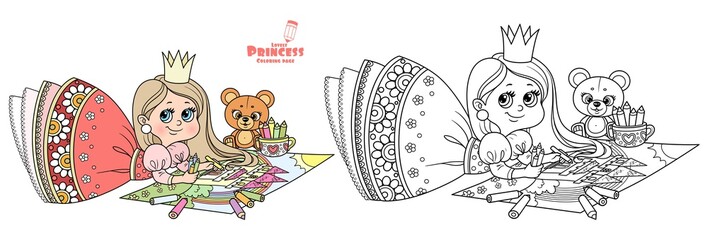 Cute cartoon princess draws with colored pencils lying on the floor outlined and color for coloring book © Azuzl