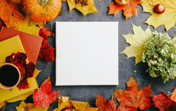 Mockup poster frame and autumn background. Blank canvas, autumn concept.