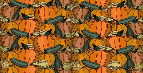 Seamless pattern of yellow, orange and green pumpkins of various shapes, leaves and ovaries. Illustrations in cartoon style. Perfect for Autumn, Thanksgiving, Holidays, Fabric, Textile.