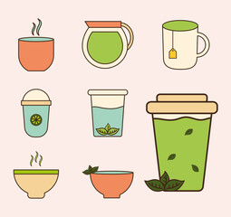 tea line and fill style icon set vector design