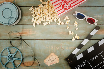 retro cinema objects on wooden background