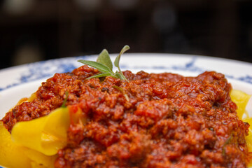Pappardelle Pasta with meat rag. Typical dish of Tuscany.