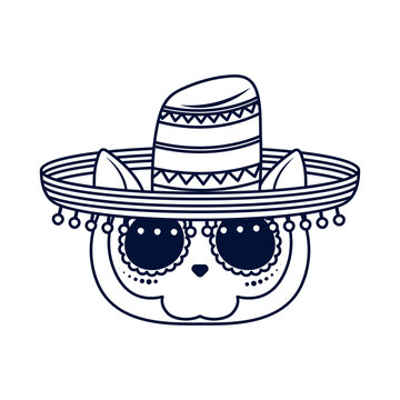 traditional mexican cat skull head with mariachi hat line style icon