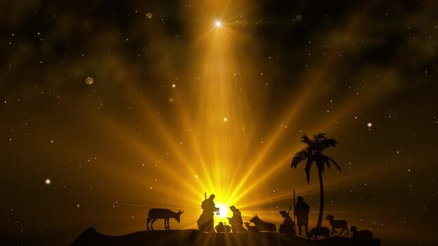 Christmas Scene with twinkling stars and brighter star of Bethlehem with sparkling nativity characters. Seamless Loop with Nativity Christmas story with twinkling stars and moving wispy clouds. 4k
