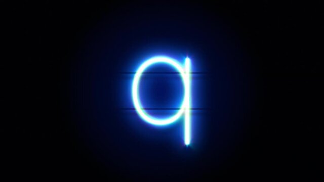 Neon font letter Q lowercase appear in center and disappear after some time. Animated blue neon alphabet symbol on black background. Looped animation.