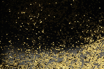 Gold (bronze) glitter shine dots confetti on black. Abstract light blink sparkle horizontal...