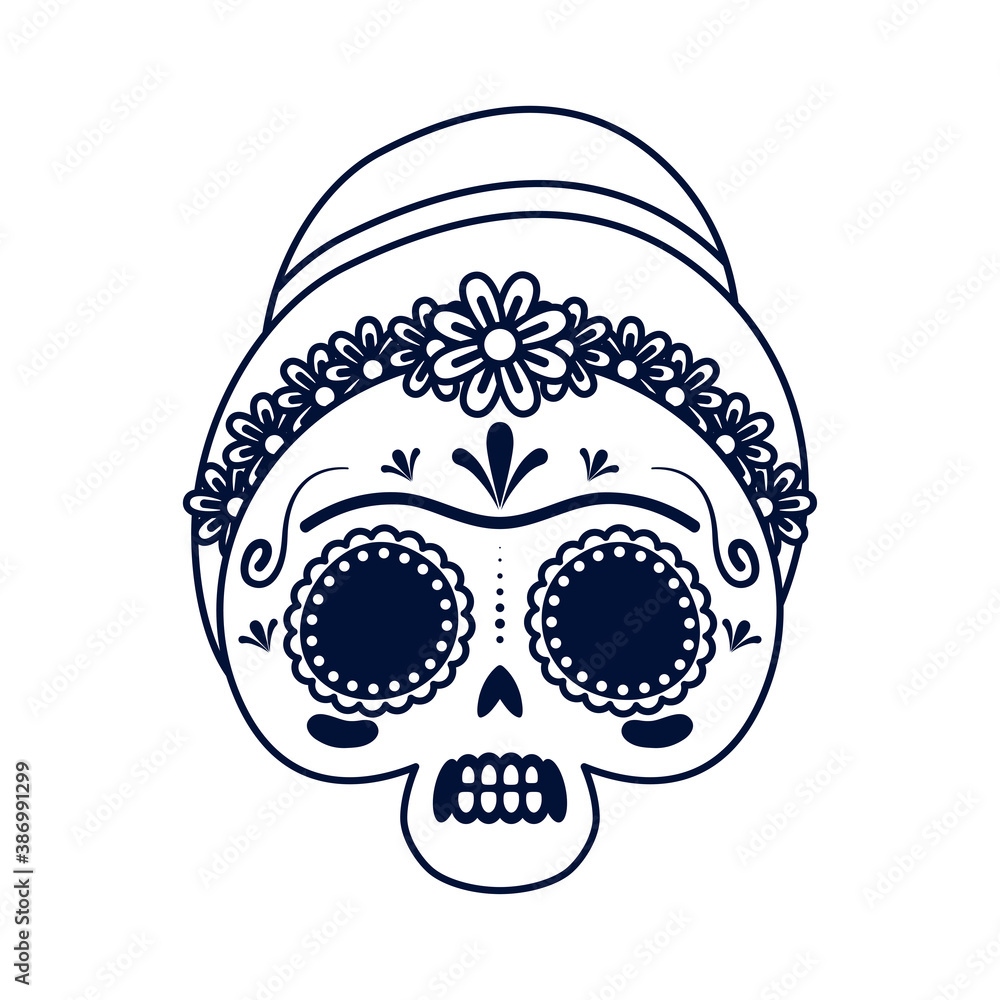 Poster traditional mexican woman skull head line style icon