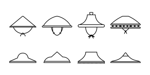 Set of asian hats icons isolated on white background. Caps for gardener and farmer. Outline elements for your design projects. Vector illustration.
