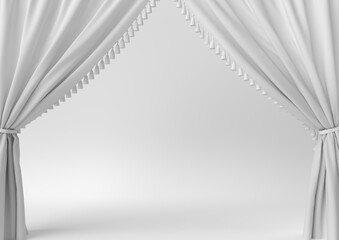 Creative minimal paper idea. Concept white theater curtains with white background. 3d render, 3d illustration.