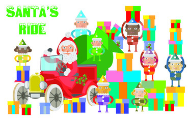 cute Christmas elves standing by Santa's classic red car and brightly wrapped presents Santa's Ride