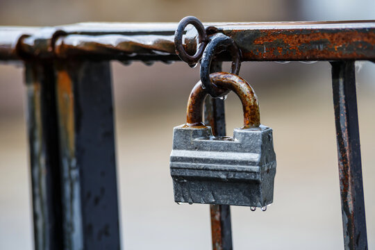 Rusty padlock on the door. Closed old locked gate. Closed lock on the grating fence
