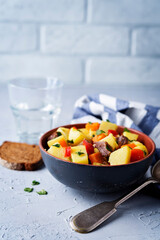 Beef potato carrot stew in the bowl.