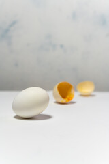 One healthy egg in the foreground and broken egg at background. Conceptual image with copy space.