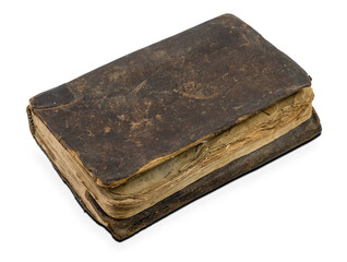 Old book perspective view, isolated on white background. Weathered leather book cover.