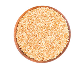 Amaranth seeds in wooden bowl, isolated on white background. Organic dry raw amaranth beans. Top view.