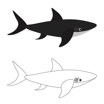 Cute sea shark isolated on white background. Marine animals in outline and flat style. Cartoon wildlife for web pages.
Stock vector illustration for decor and design, textiles, books, magazines