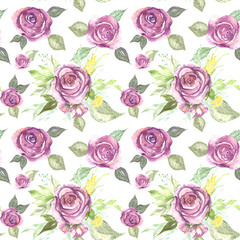 Watercolour painted bouquet of roses with leaves. Seamless pattern with big flowers textile fabric design.
