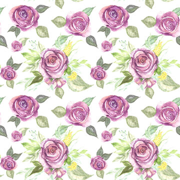 Watercolour painted bouquet of roses with leaves. Seamless pattern with big flowers textile fabric design.