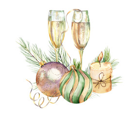 Watercolor champagne clipart. Christmas champagne glass clipart.  Watercolor Christmas clip art for greeting cards, planner, holiday decor