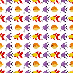 Cute seamless pattern with goldfish, Moorish idol, hedgehog fish on a white background. Sea animals in a flat style. Cartoon wildlife for web pages.
Stock vector illustration for decor and design