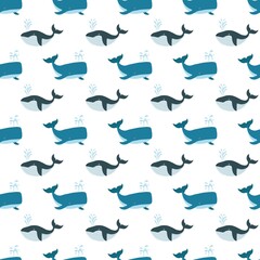 Cute seamless pattern with sperm whale and whale on a white background. Sea animals in a flat style. Cartoon wildlife for web pages.
Stock vector illustration for decor, design, textiles,
wallpaper