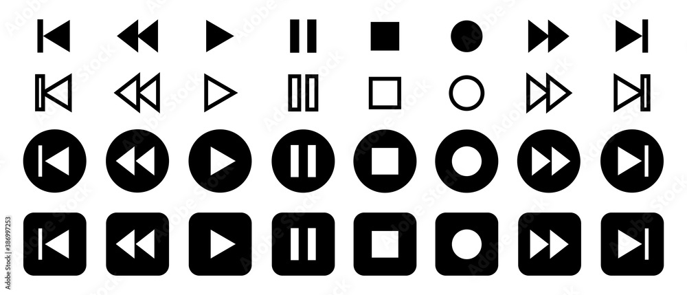 Poster set of video or music interface player icon buttons. media player vector icons. stop, play, record w