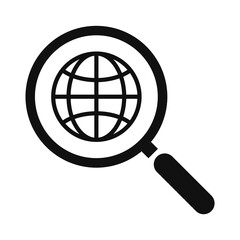 Global search web icon. Magnifying glass and globe. Website icon. WWW sign. Search www vector icon. Web hosting technology. Globe hyperlink icon. Browser search website page. Vector Illustration.