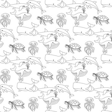 Cute seamless pattern with outline sea fish on a white background. Sea animals in a flat style. Cartoon wildlife for web pages.
Stock vector illustration for decor, design, textiles,
wallpaper
