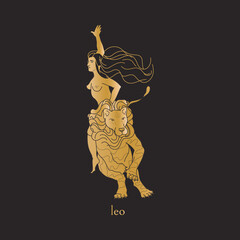 Leo zodiac sign. Girl riding the lion. Isolated astrological symbol in flat style with golden gradient. Vector illustration for label, logotype, clipart, print, web