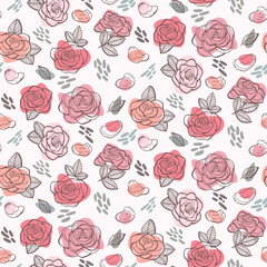Seamless pattern with roses, petals and leaves. Graphic hand drawn engraving style. Doodle illustration for packaging, menu cards, posters, prints.