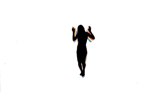 Colorful Silhouette. Freestyle dancing by a professional dancer  over white background, long shot.