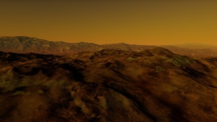 Sci-fi magical landscape with rock valey, star and sun. Digital painting illustration 3d render