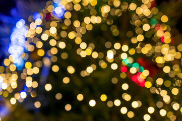 Bright bokeh from the lights of the Christmas tree