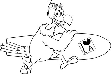 Black And White Vulture Bird Cute Cartoon Character Running With A Surfboard. Vector Illustration Isolated On White Background