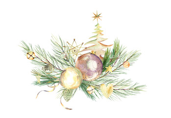 Watercolor gold christmas decor. New year celebration greeting cards. Golden  christmas balls.  Glass christmas decoration