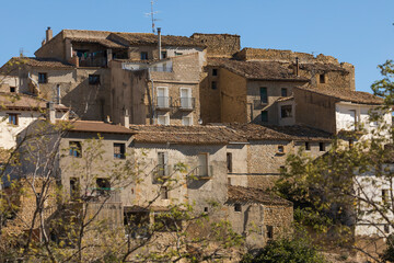 Picturesque streets and skyline with medieval buildings, in the small town of Ores, in the Cinco Villas region, Aragon, Spain.