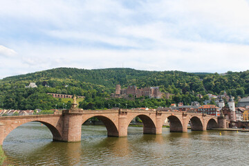 Fototapeta premium Heidelberg view of Karl-Theodor Old Bridge on Neckar river and Old Bridge Gate.Germany.