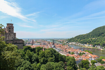 Heidelberg, Germany, aerial view of the medieval city, the famous castle, and the old bridges on Neckar river .
