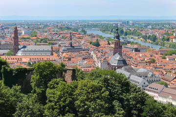 Fototapeta na wymiar Heidelberg, Germany, aerial view on sunny day, with the church of the holy spirit , Neckar river and the Medieval Town.