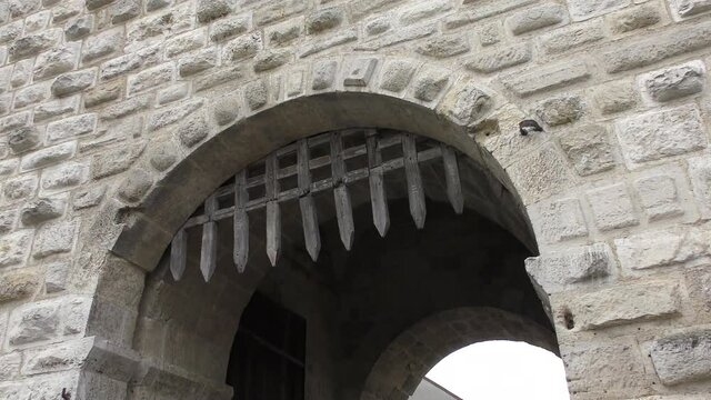 View of a medieval wooden portcullis gate, Hainburg, Austria