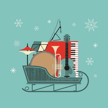Musical instruments in Christmas sleigh flat icon