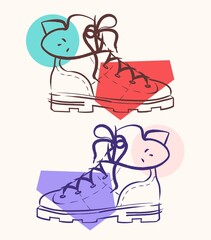 Autumn boot linear drawing in a minimalistic, fast manner with an applique of colored geometric shapes, an option for right and left boots in 2 color schemes