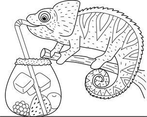Cute chameleon drinking cocktail design for printing. Vector illustration © Somjai King