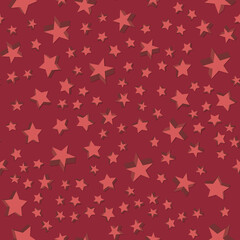 3D seamless pattern with volumetric red stars on a red background. Abstract stars background. Vector illustration