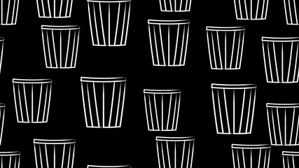 Geometrical strip popcorn buckets on white background, cinema snacks, seamless pattern, vector illustration. Online movie theater background